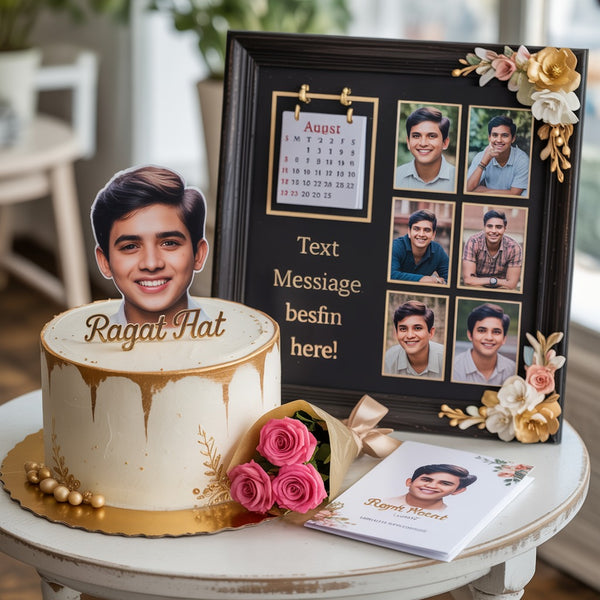 Personalized Gold Drip Cake, Roses, and Custom Birthday Photo Frame Gift Combo