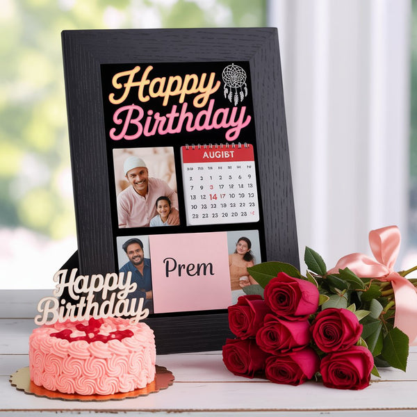 Personalized Happy Birthday Frame, Pink Swirl Cake & Red Rose Bouquet Gift Combo