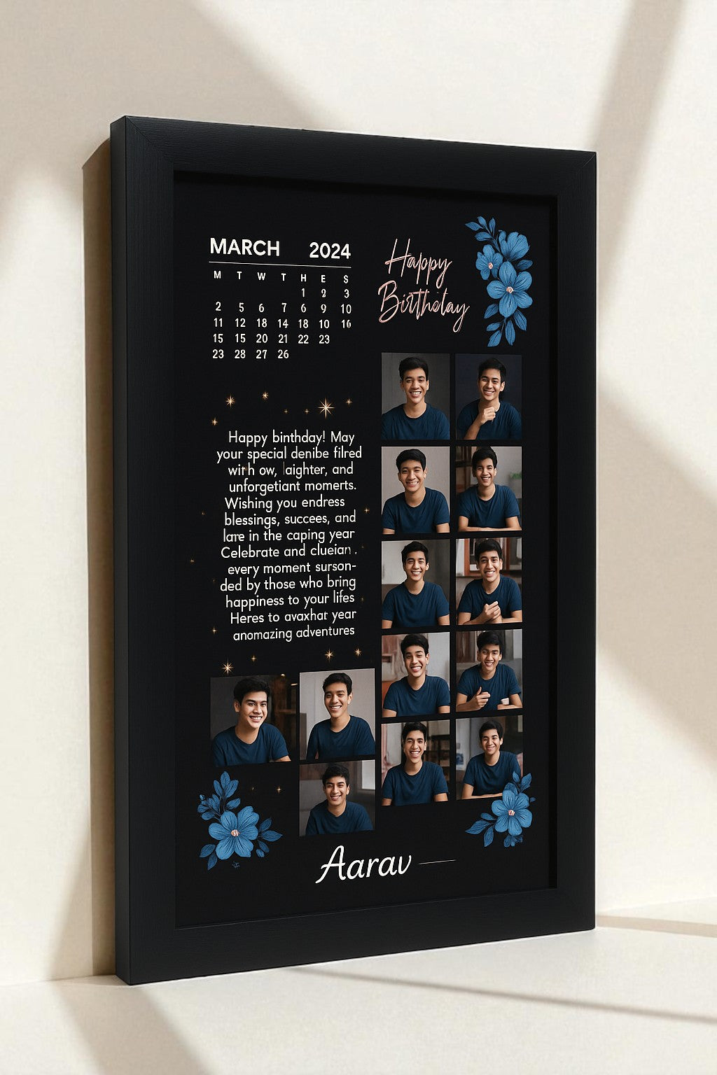 Personalized Happy Birthday Photo Frame With Elegant Floral Collage For Boys Or Men