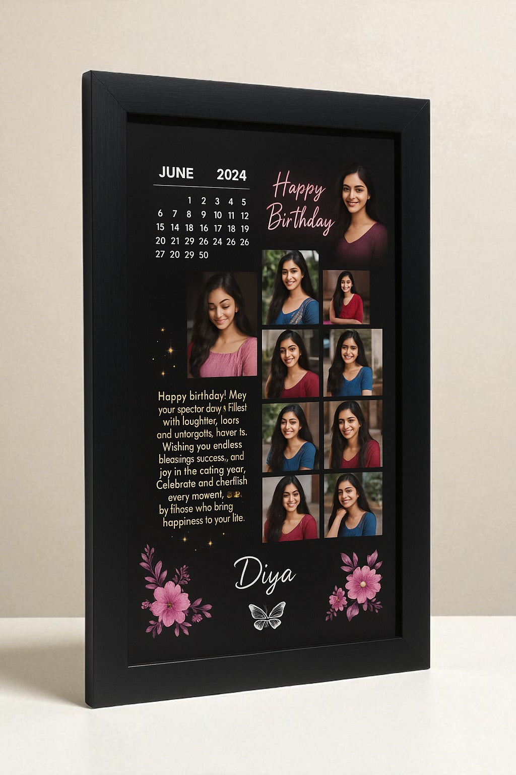 Personalized Happy Birthday Photo Frame With Pink Floral Butterfly Theme For Girls