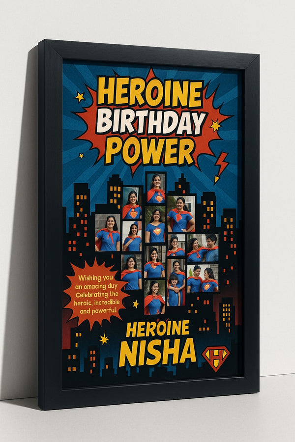 Personalized Heroine Birthday Power Photo Frame | Custom Comic Book Supergirl Memory Poster with Name | Unique Superhero Birthday Gift for Girls