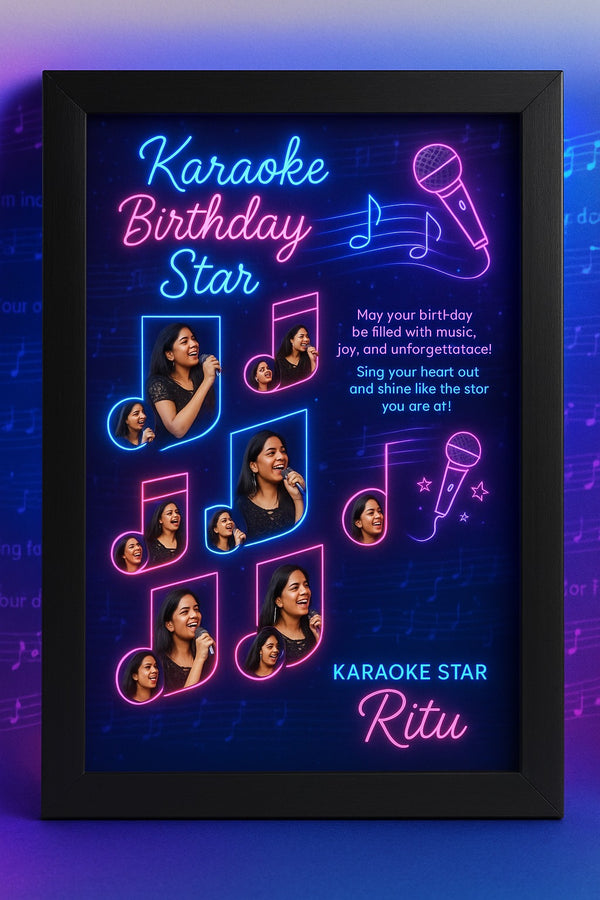 Personalized Karaoke Birthday Star Photo Frame With Custom Name And Neon Music Theme