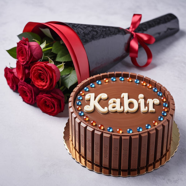 Personalized KitKat Chocolate Cake with Red Roses Bouquet  Gift Combo