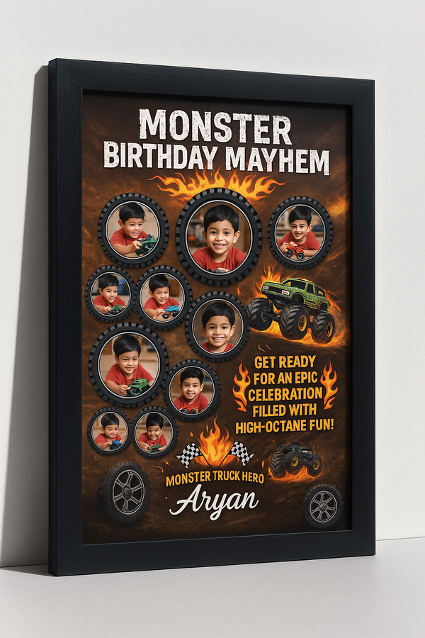 Personalized Monster Birthday Mayhem Photo Frame With Monster Truck Theme