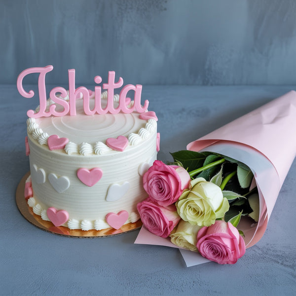 Personalized Name Cake with Pink Roses Bouquet  Combo