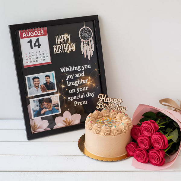 Personalized Neon Birthday Frame, Fresh Cake & Pink Rose Bouquet Gift Combo