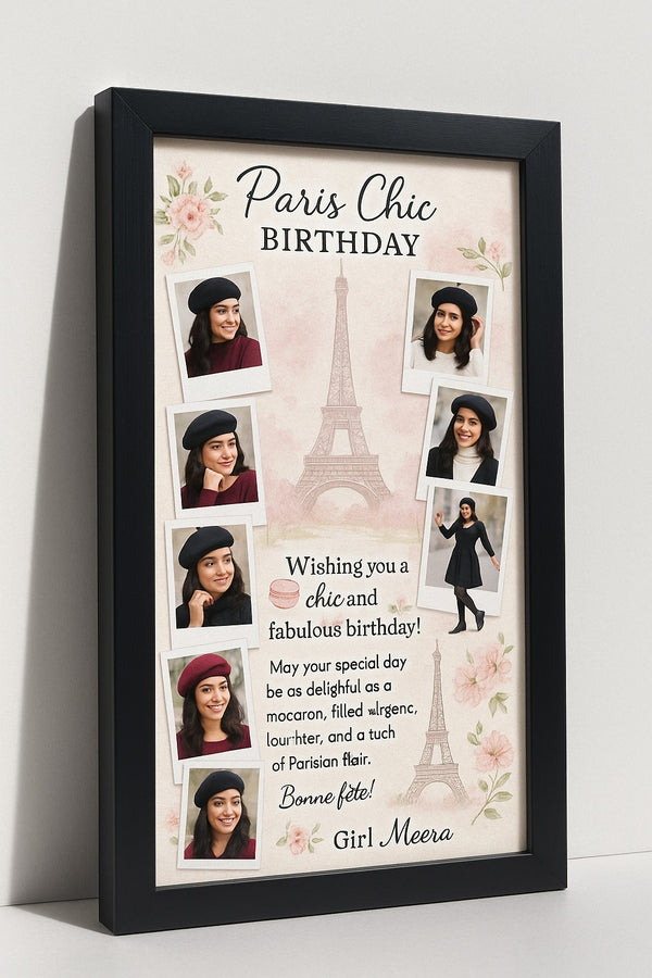 Personalized Paris Chic Birthday Photo Frame | Custom French-Themed Memory Poster with Name | Elegant Parisian Birthday Gift for Girls