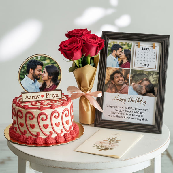 Personalized Photo Cake, Red Roses, and Custom Birthday Frame Premium Gift Combo