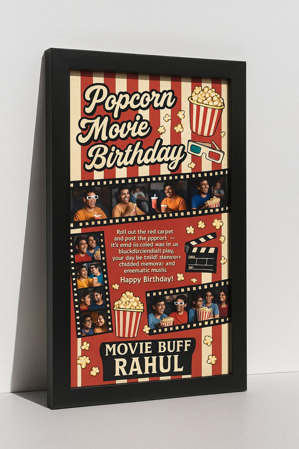 Personalized Popcorn Movie Birthday Photo Frame | Custom Cinema Theme Memory Poster with Name | Unique Movie Buff Birthday Gift