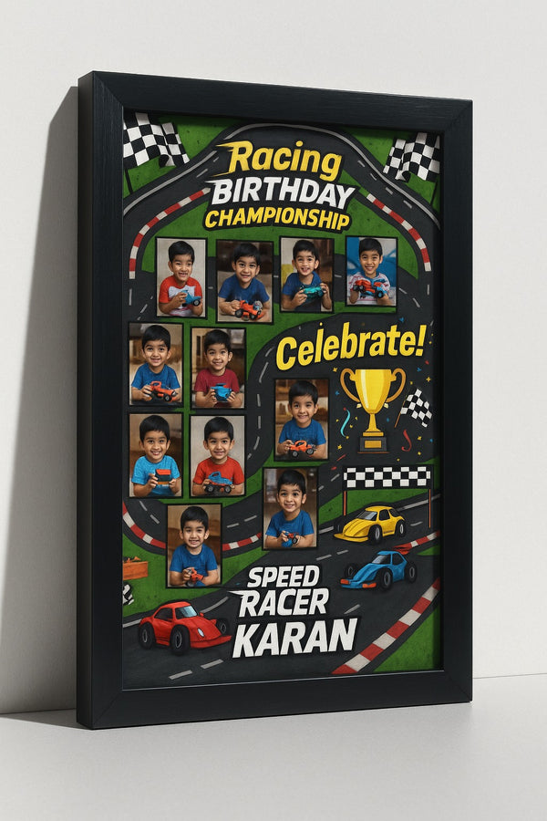 Personalized Racing Birthday Championship Photo Frame For Kids With Cars And Checkered Track