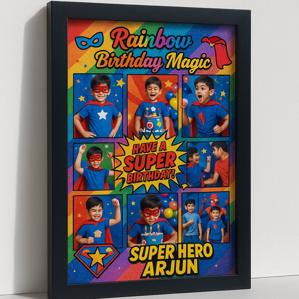 Personalized Rainbow Birthday Magic Photo Frame With Superhero Party Theme