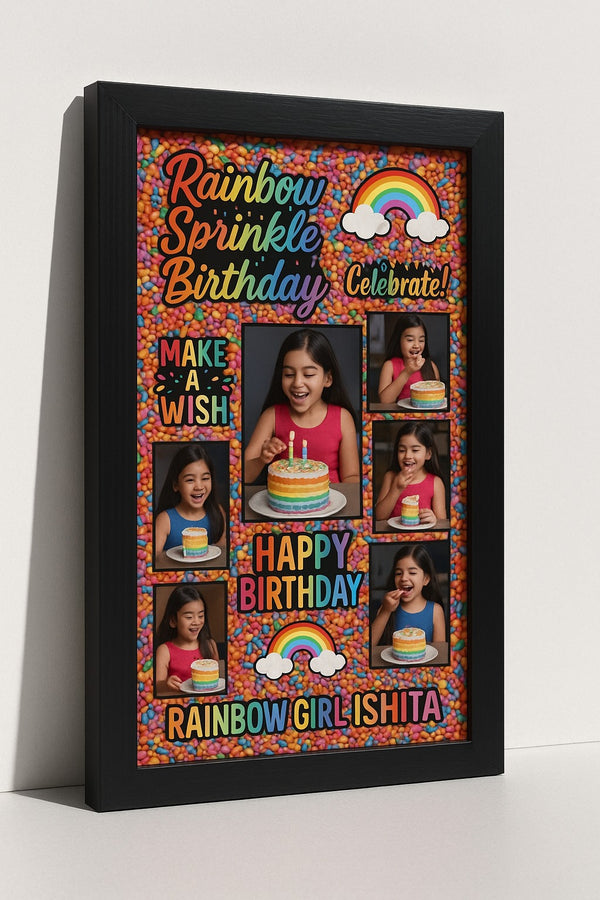 Personalized Rainbow Sprinkle Birthday Photo Frame | Custom Colorful Memory Poster with Name | Fun Rainbow Cake Birthday Gift