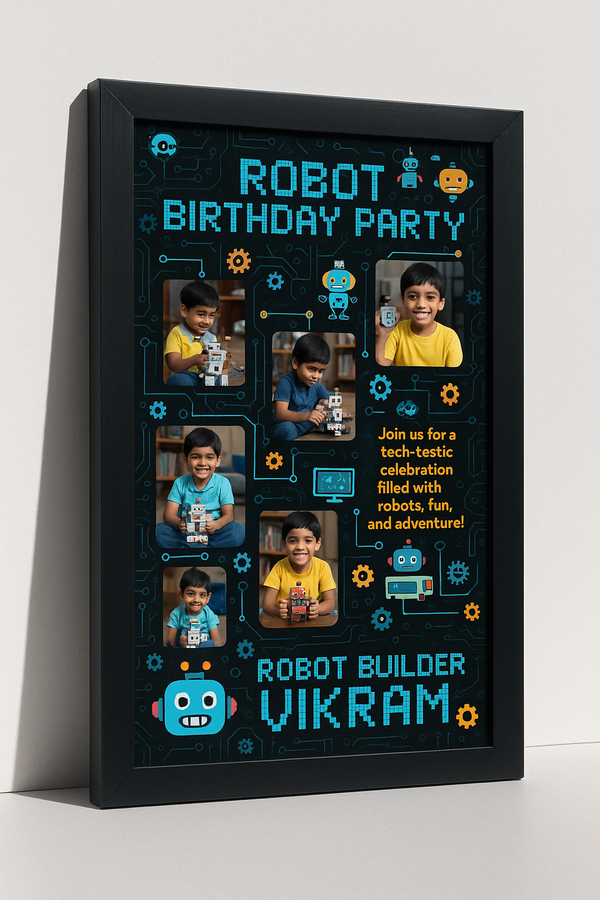Personalized Robot Birthday Party Photo Frame With Tech Builder Theme