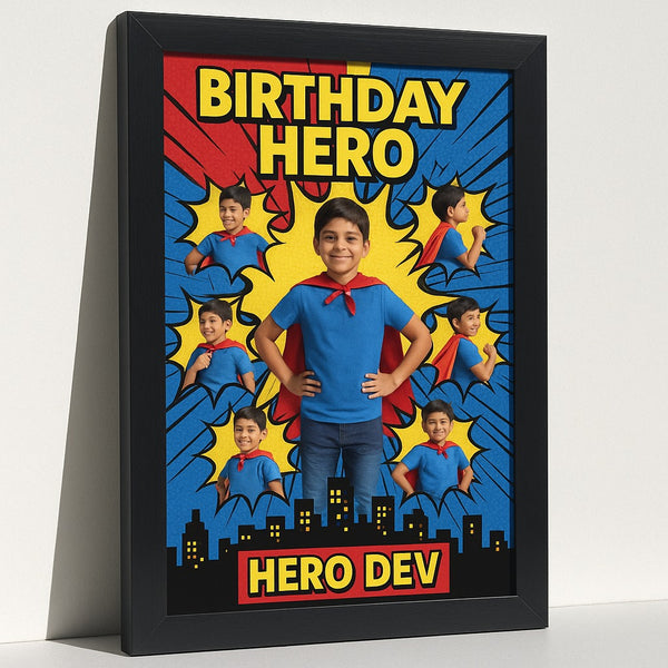 Personalized Superhero Birthday Photo Frame | Custom Comic Book Hero Themed Memory Poster with Child's Name | Premium Quality Birthday Hero Gift Frame