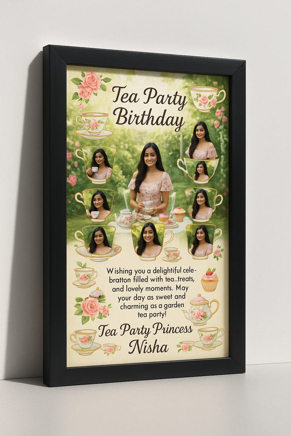 Personalized Tea Party Birthday Photo Frame With Garden Princess Floral Cups Design