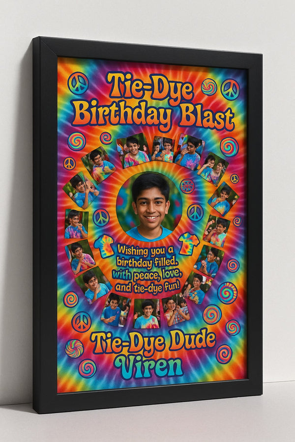 Personalized Tie-Dye Birthday Blast Photo Frame With Peace Love Fun Party Theme
