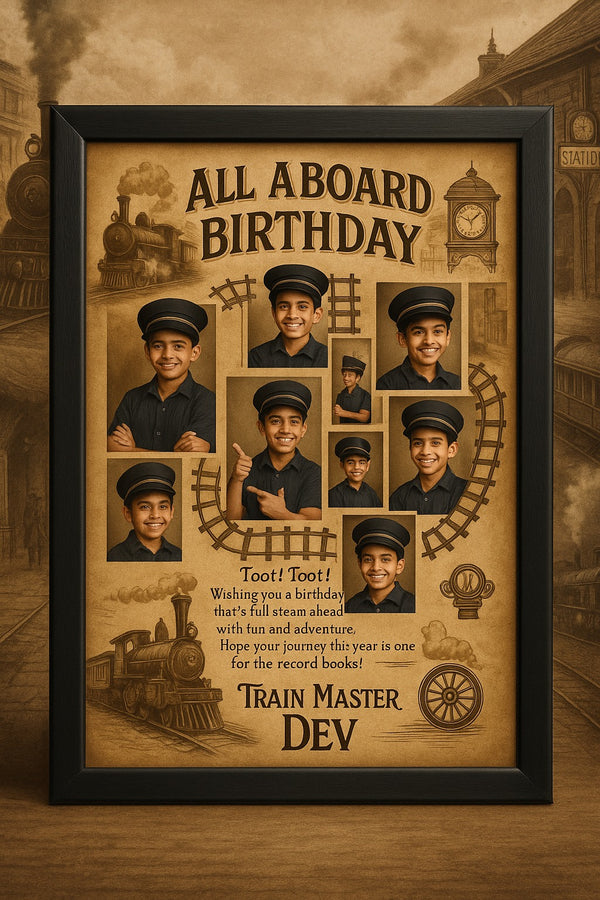 Personalized Train Master Birthday Photo Frame | Custom Vintage Railway Themed Memory Poster with Child's Name | Premium Quality Conductor Gift Frame