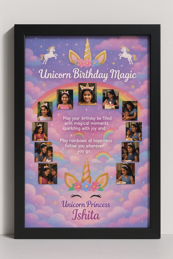 Personalized Unicorn Birthday Magic Photo Frame With Rainbows And Princess Theme