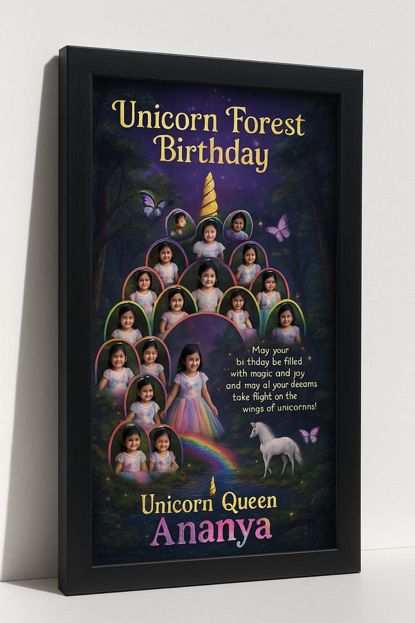 Personalized Unicorn Forest Birthday Photo Frame | Custom Magical Memory Poster with Name | Enchanted Unicorn Birthday Gift for Girls