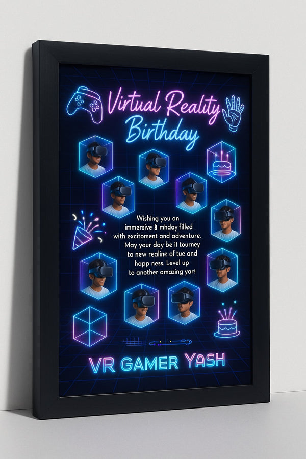 Personalized Virtual Reality Birthday Photo Frame | Custom VR Gamer Neon Memory Poster with Name | Futuristic Gaming Birthday Gift