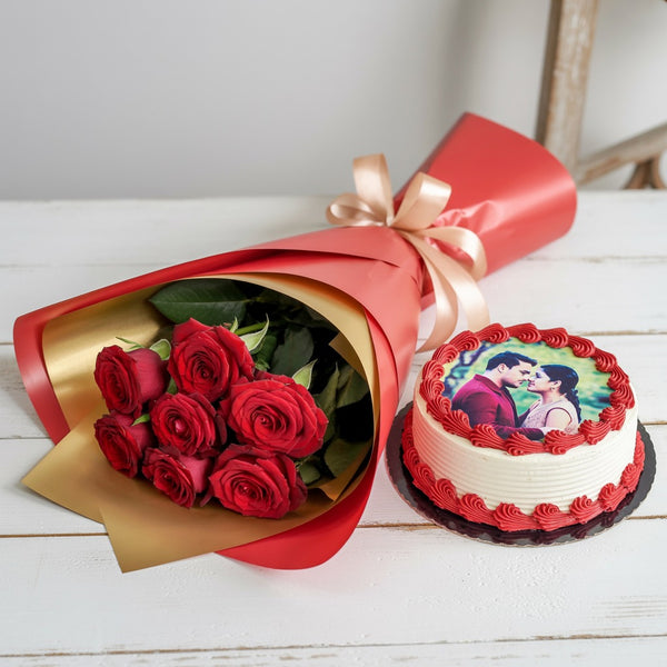 Photo Cake with Red Roses Bouquet Personalized Gift Combo for Special Occasions