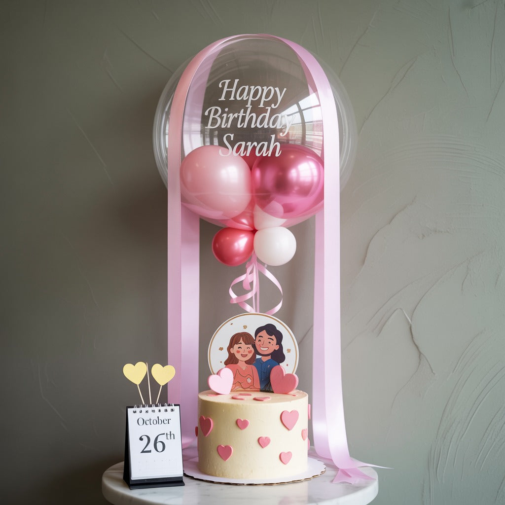 Pink Balloon Birthday Cake with Hearts and Custom Name Decoration