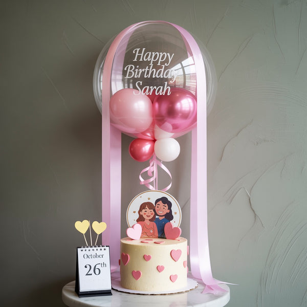 Pink Balloon Birthday Cake with Hearts and Custom Name Decoration