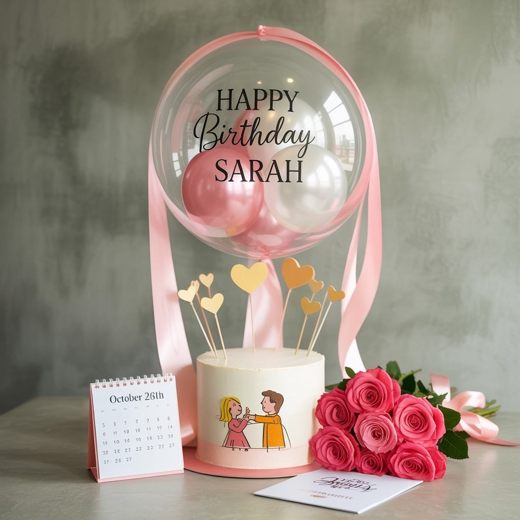 Pink Balloon Happy Birthday Cake with Roses and Hearts Special Combo