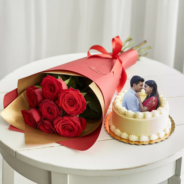 Premium Photo Cake and Red Roses Bouquet Gift Combo for Memorable Occasions