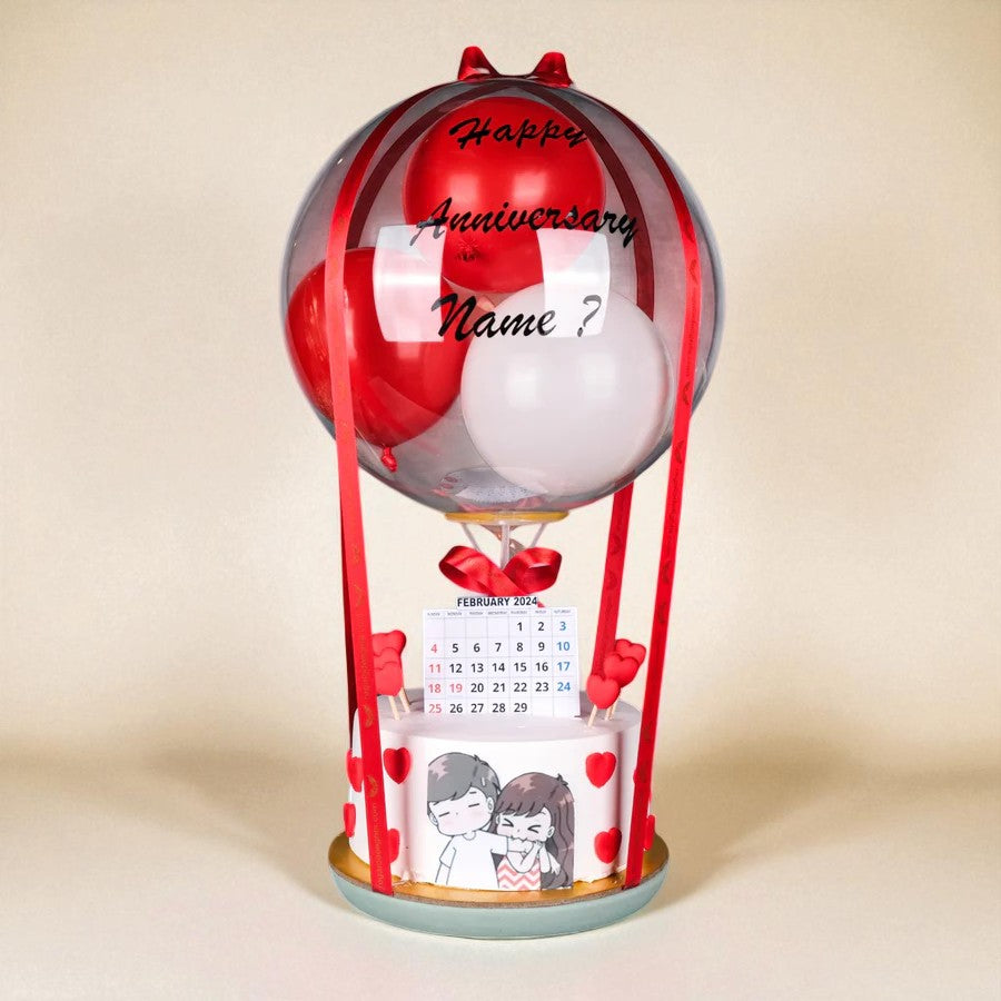 Red Balloon Anniversary Cake with Hearts and Custom Name Decoration