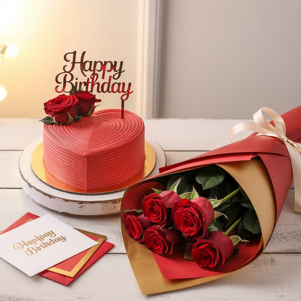 Red Heart Birthday Cake & Red Roses Bouquet Premium Gift Combo