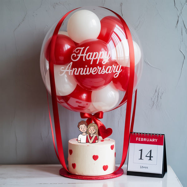 Romantic Balloon Anniversary Cake with Red Hearts and Valentine Date Display
