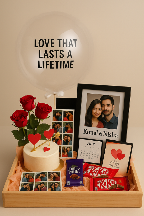 Romantic Couple Tray Hamper with Mini Heart Cake