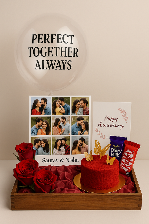 Tray Hamper with Roses, Butterfly Cake, Photos & Chocolates