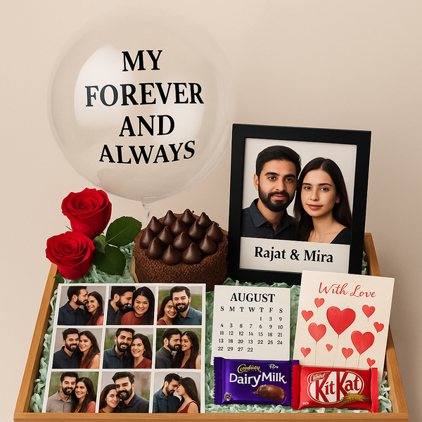 Tray Hamper with Roses, Choco Cake, Photos & Chocolates