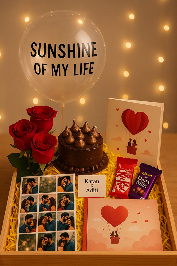 Tray Hamper with Roses, Chocolate Cake, Photos & Chocolates