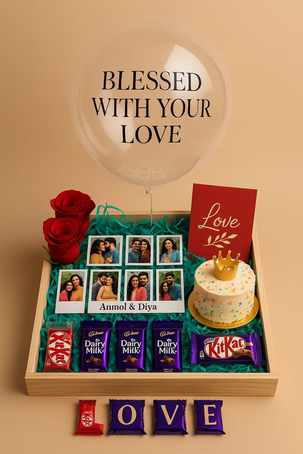Tray Hamper with Roses, Crown Cake, Photos & Chocolates