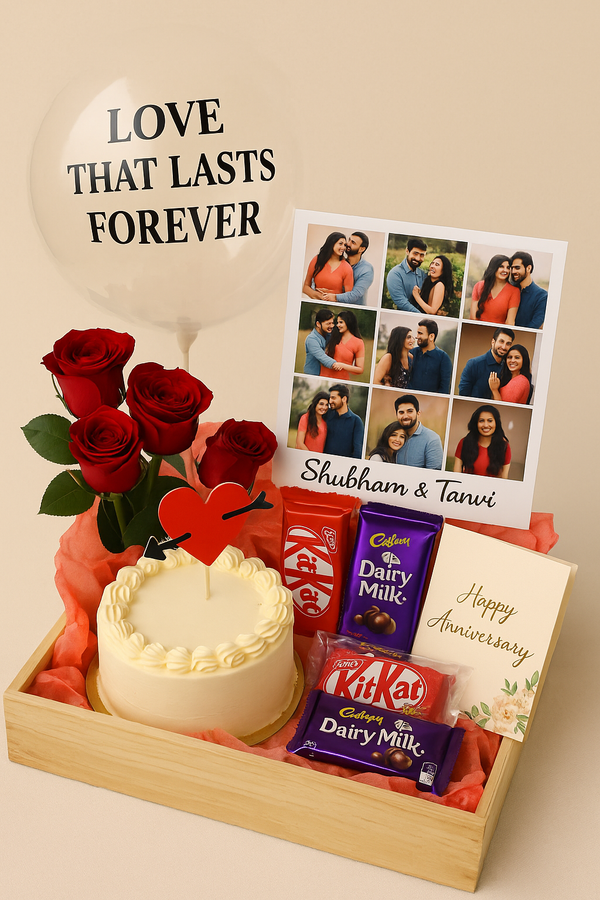 Tray Hamper with Roses, Heart Cake, Photos & Chocolates