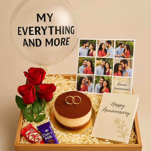 Tray Hamper with Roses, Tiramisu Cake, Photos & Chocolates