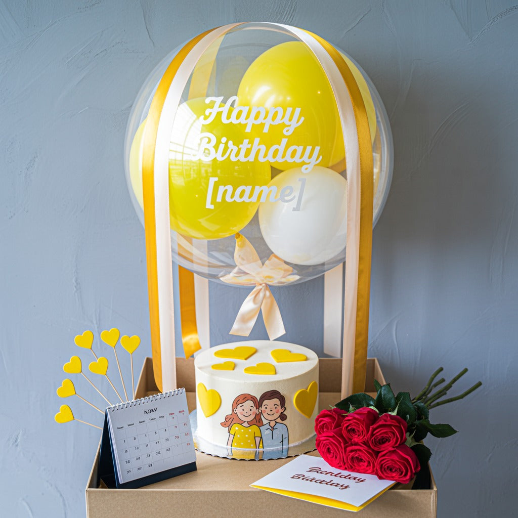 Yellow Balloon Birthday Cake with Hearts, Roses, and Gift Box Combo