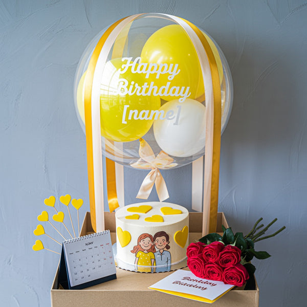 Yellow Balloon Birthday Cake with Hearts, Roses, and Gift Box Combo