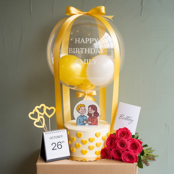 Yellow Balloon Birthday Cake with Hearts and Roses Combo for Special Celebrations