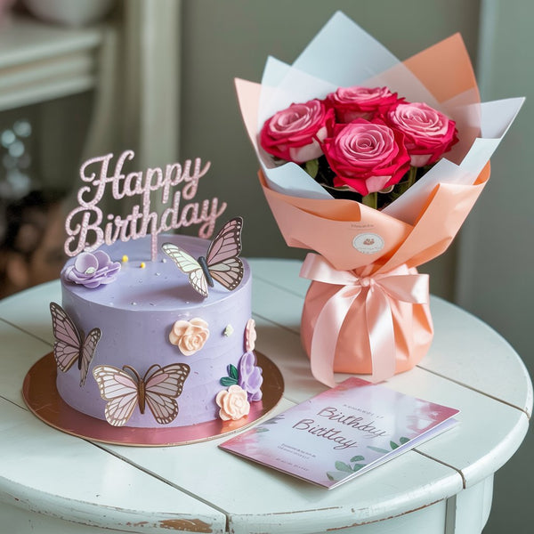 Butterfly Garden Birthday Combo: Lavender Cake, Pink Roses & Greeting Card