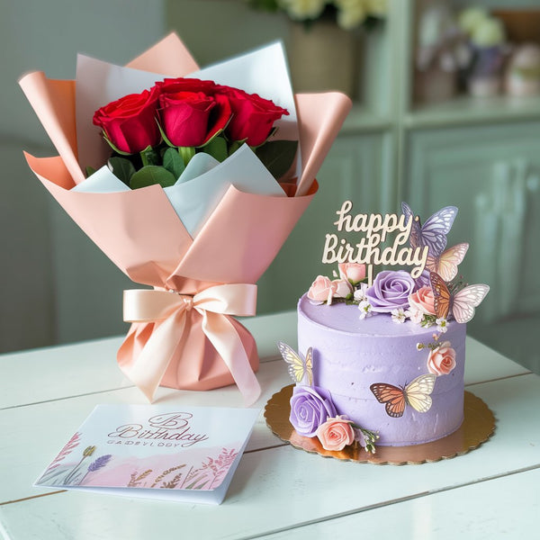 Butterfly Bliss Birthday Combo: Lavender Designer Cake & Red Roses Bouquet