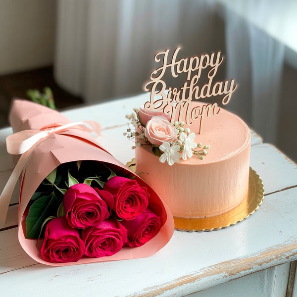 Happy Birthday Mom Combo: Pink Roses Bouquet & Designer Celebration Cake