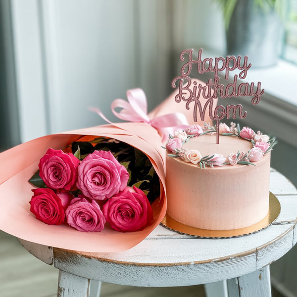 Pretty in Pink: Happy Birthday Mom Cake & Pink Roses Bouquet Combo