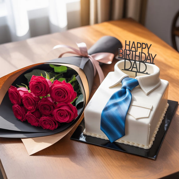 Gentleman Dad Birthday Combo: Red Roses Bouquet & Shirt-Tie Designer Cake