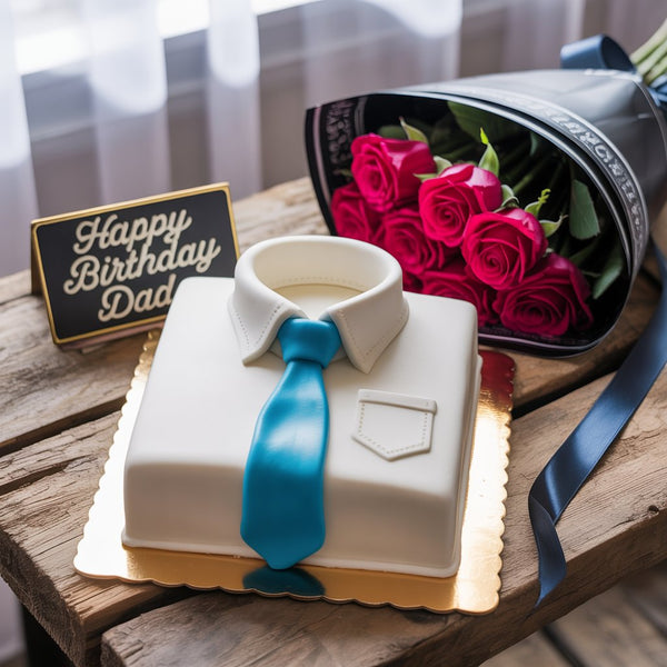 Dapper Dad Birthday Combo: Red Roses Bouquet & Shirt-Tie Fondant Cake
