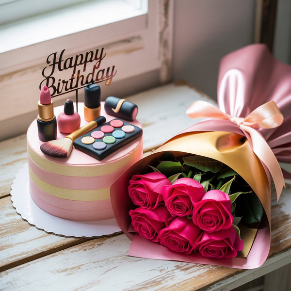 Makeup Theme Birthday Combo: Designer Cake & Pink Roses Bouquet