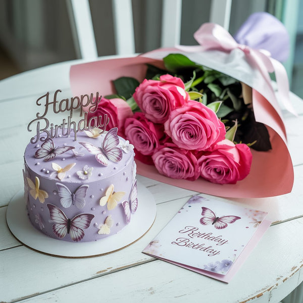 Lavender Butterfly Birthday Combo: Designer Cake, Pink Roses & Card